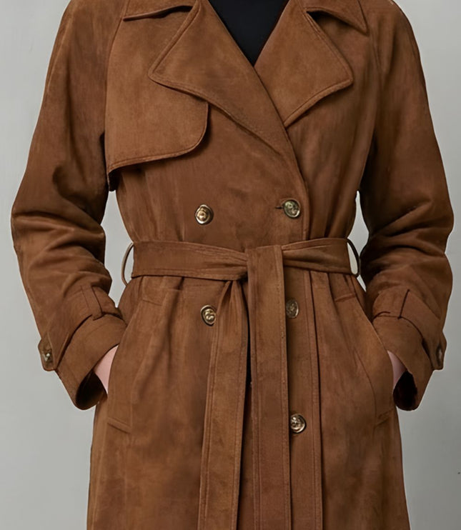 Women's Double Breasted Trench Coat in Brown Suede with Wide Lapels
