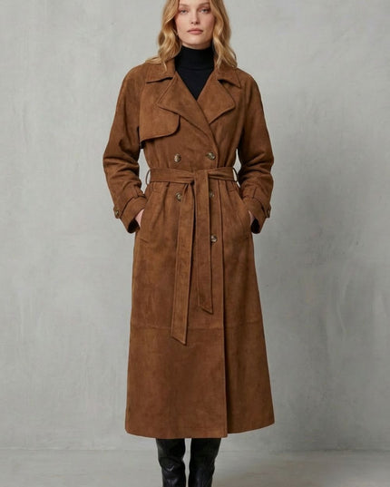 Women's Double Breasted Trench Coat in Brown Suede with Wide Lapels