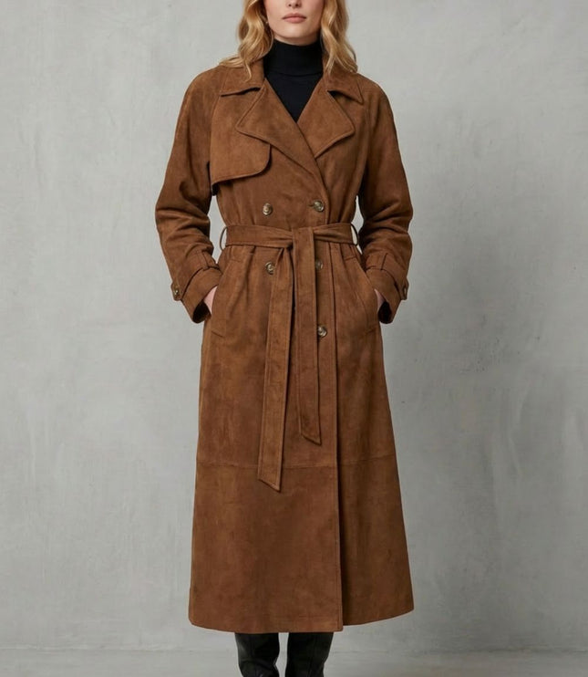 Women's Double Breasted Trench Coat in Brown Suede with Wide Lapels