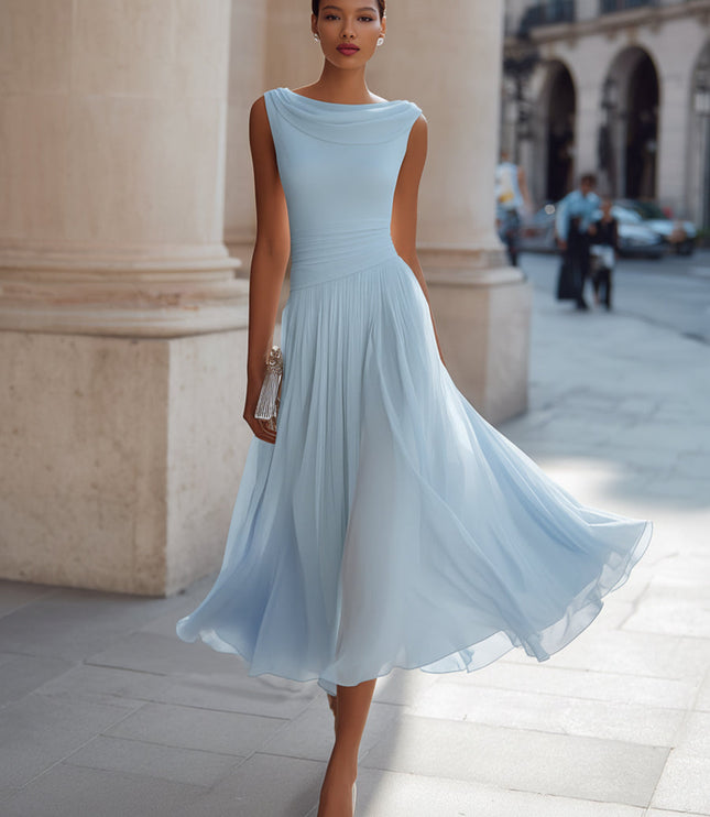 Women's Draped Neck Pleated Maxi Dress with Fitted Waist
