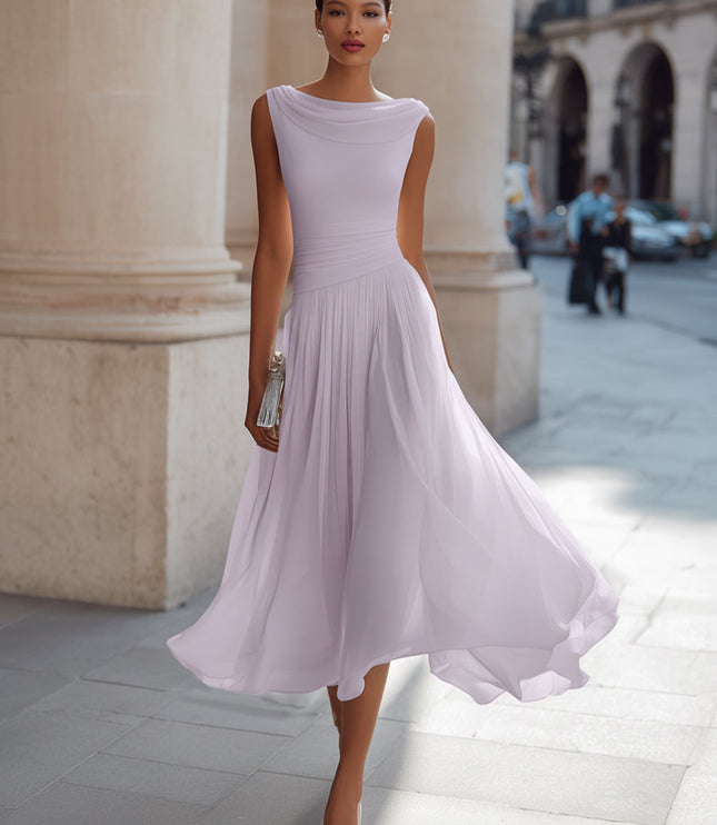 Women's Draped Neck Pleated Maxi Dress with Fitted Waist