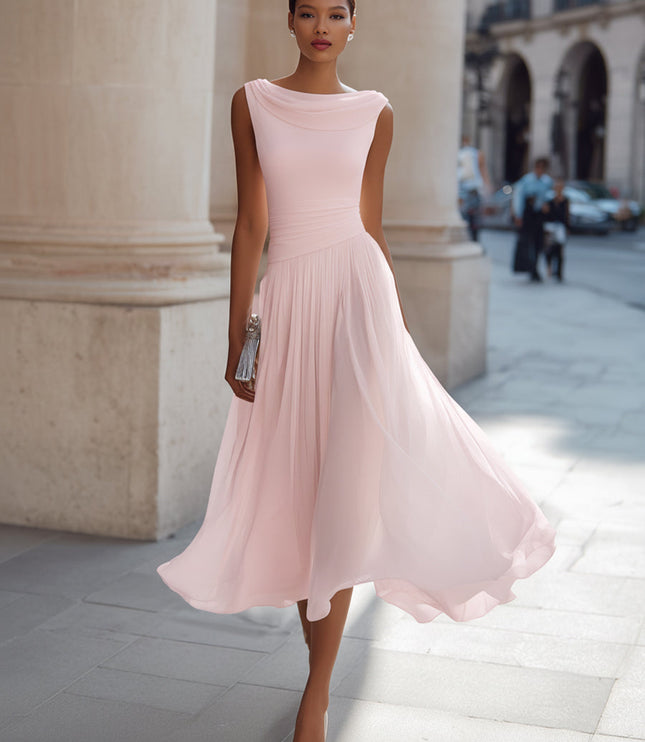 Women's Draped Neck Pleated Maxi Dress with Fitted Waist