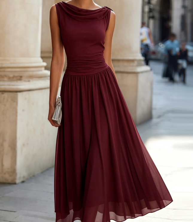 Women's Draped Neck Pleated Maxi Dress with Fitted Waist