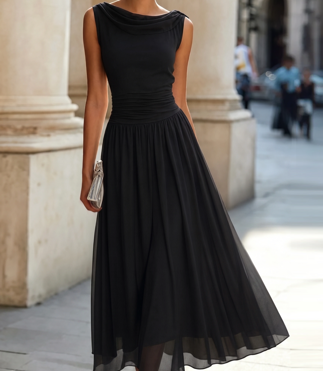 Women's Draped Neck Pleated Maxi Dress with Fitted Waist