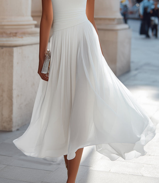 Women's Draped Neck Pleated Maxi Dress with Fitted Waist