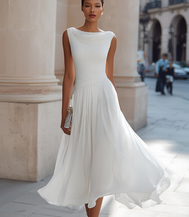 Women's Draped Neck Pleated Maxi Dress with Fitted Waist