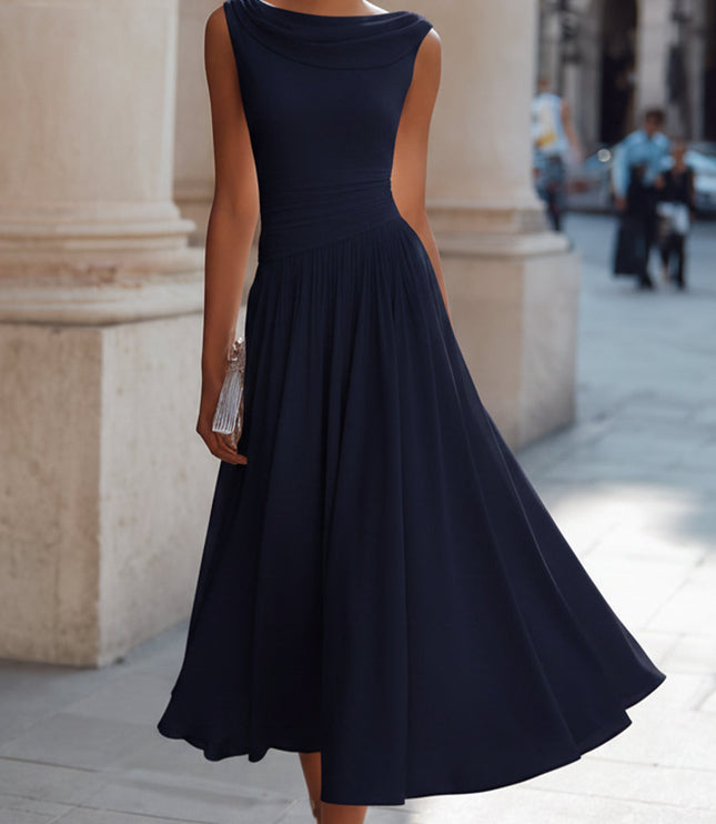 Women's Draped Neck Pleated Maxi Dress with Fitted Waist