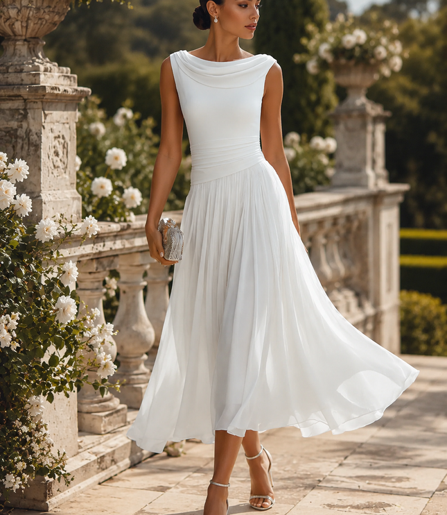 Women's Draped Neck Pleated Maxi Dress with Fitted Waist