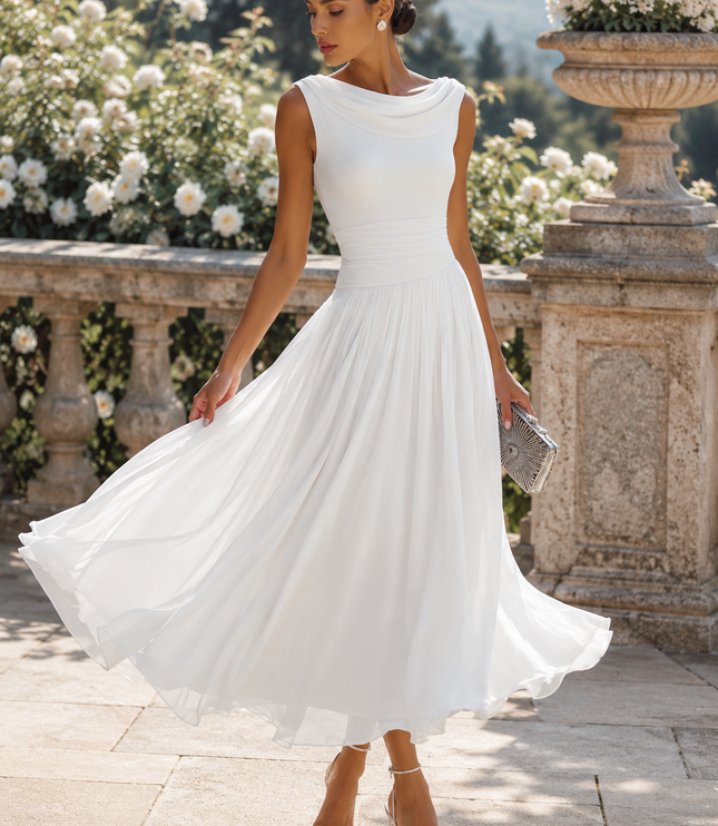 Women's Draped Neck Pleated Maxi Dress with Fitted Waist