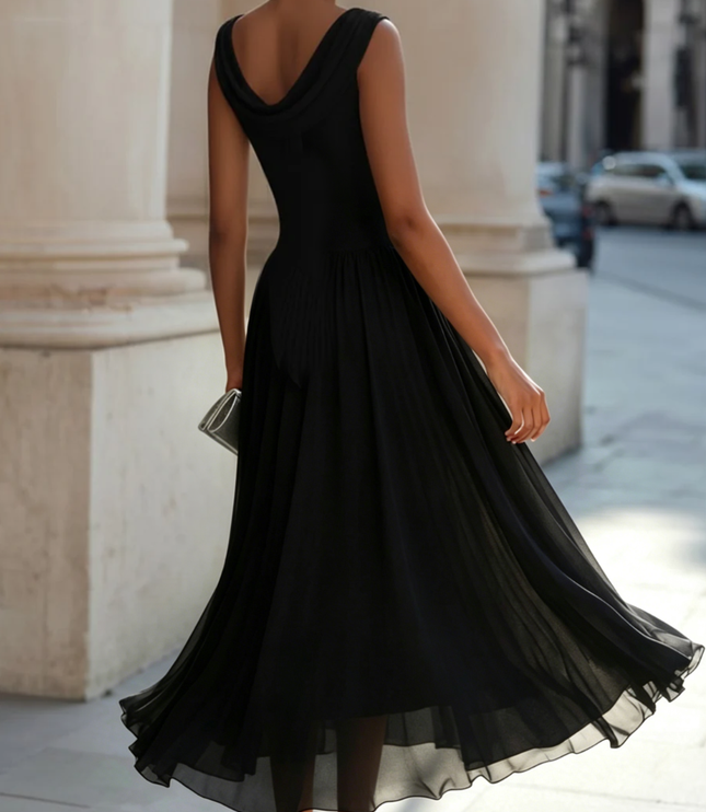 Women's Draped Neck Pleated Maxi Dress with Fitted Waist