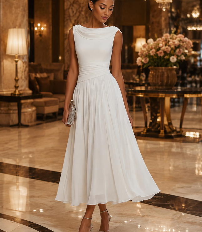 Women's Draped Neck Pleated Maxi Dress with Fitted Waist