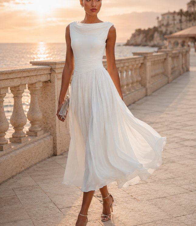 Women's Draped Neck Pleated Maxi Dress with Fitted Waist