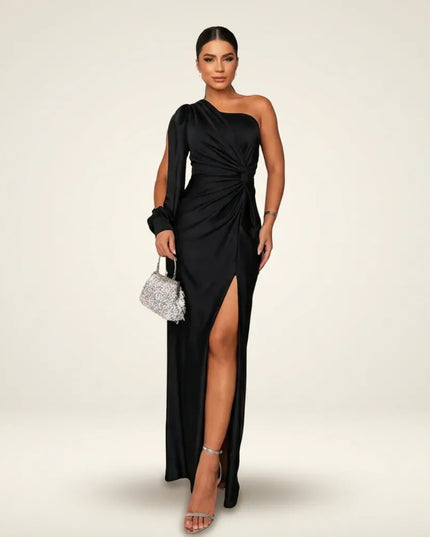 Black one-shoulder maxi dress with gathered waist and high slit