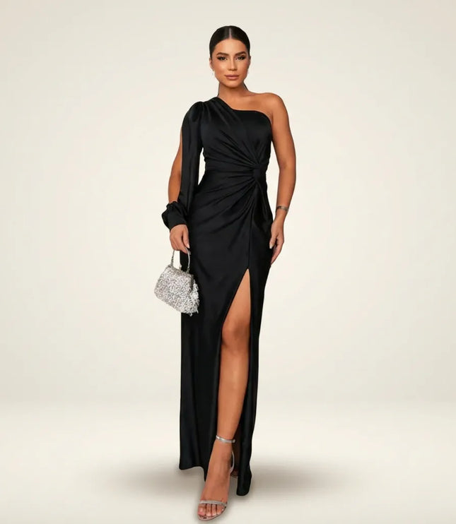 Black one-shoulder maxi dress with gathered waist and high slit