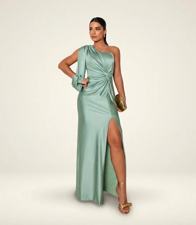 Sage green one-shoulder maxi dress with ruched waist and side slit