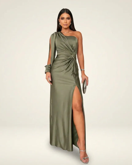 Olive one-shoulder maxi dress with twisted waist detail and slit