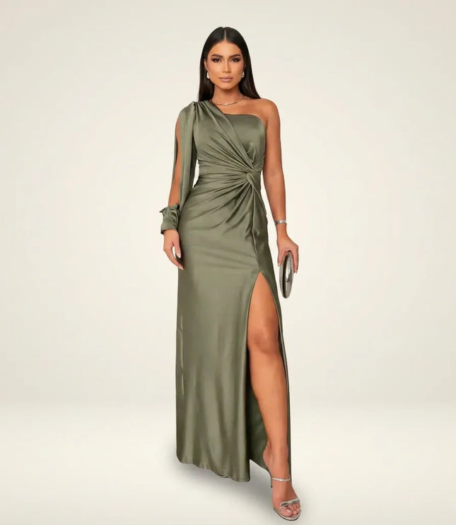 Olive one-shoulder maxi dress with twisted waist detail and slit