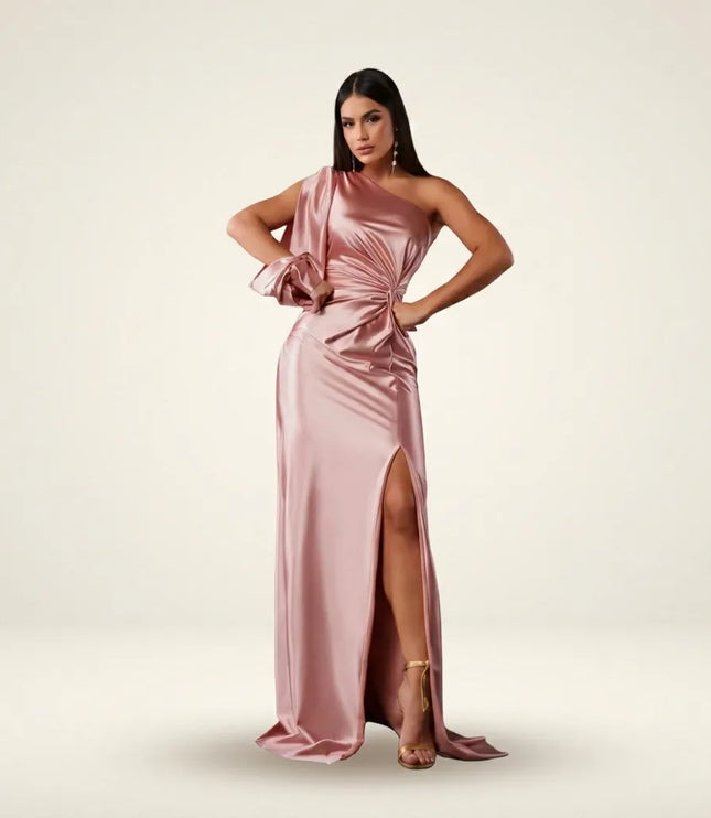 Dusty rose one-shoulder draped maxi dress with gathered waist