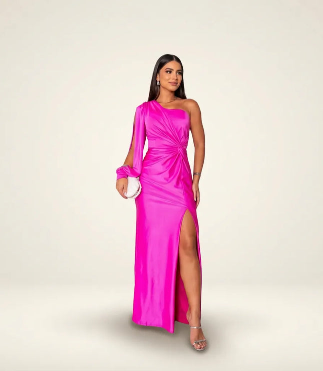 pink one-shoulder maxi dress with draped sleeve and high slit