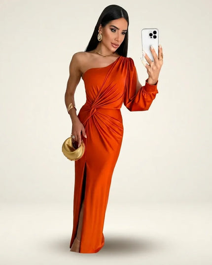 Burnt orange one-shoulder maxi dress with ruched details and slit