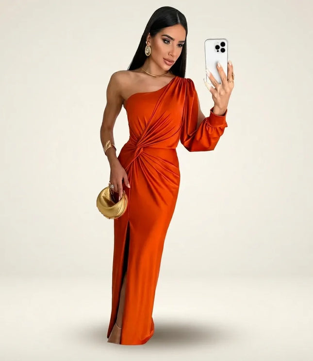 Burnt orange one-shoulder maxi dress with ruched details and slit