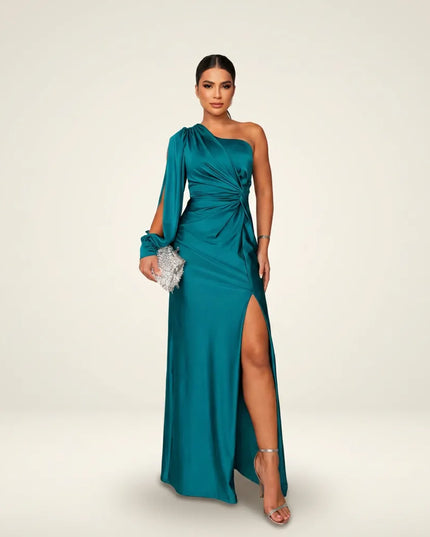 Teal one-shoulder draped maxi dress with flowing sleeve and high slit