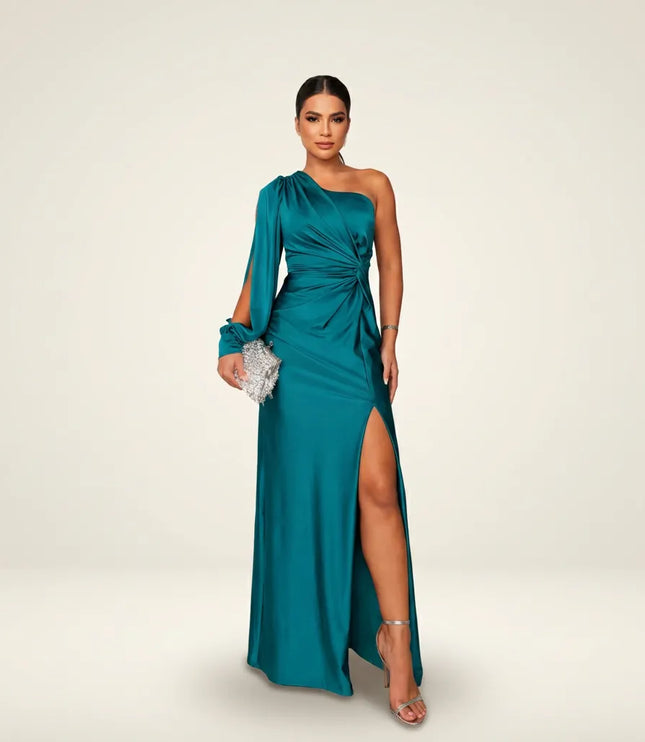 Teal one-shoulder draped maxi dress with flowing sleeve and high slit
