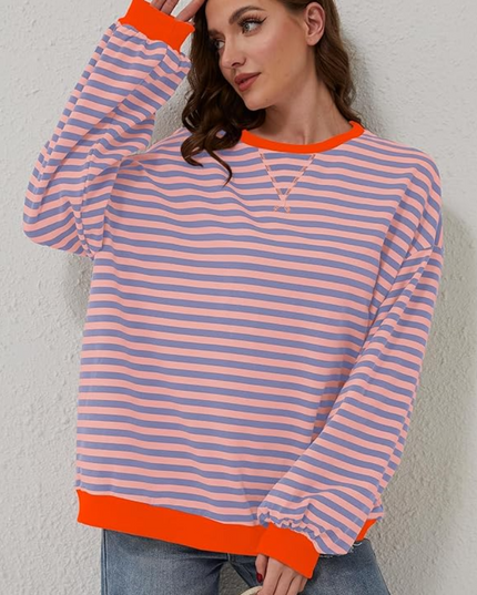 Women's Drop-Shoulder Striped Sweatshirt with Colour Trim