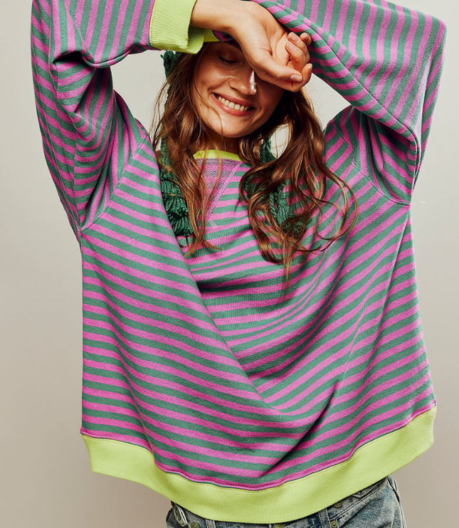 Women's Drop-Shoulder Striped Sweatshirt with Colour Trim