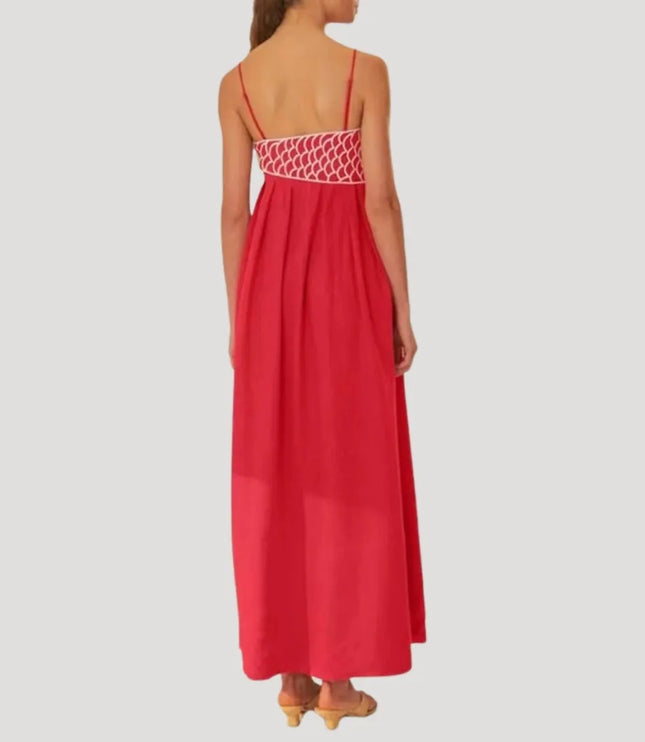Back view of red embroidered cami maxi dress full length