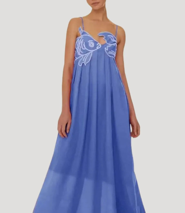 Periwinkle blue embroidered fish cami maxi dress on model