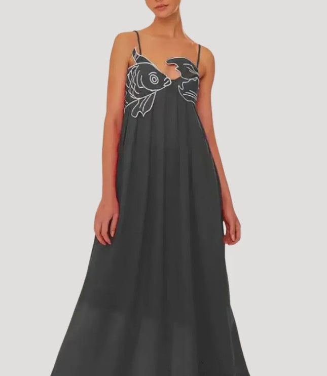 Black embroidered fish cami maxi dress flowing silhouette