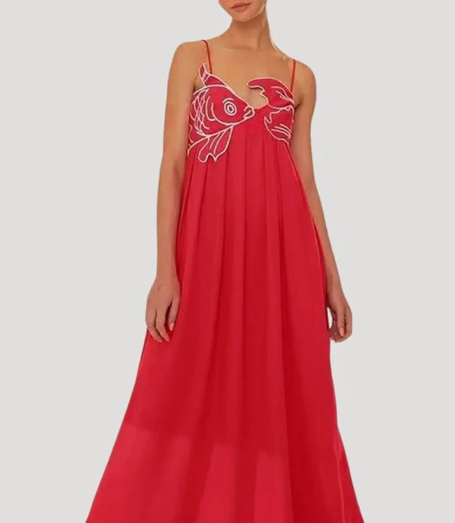 Red embroidered fish cami maxi dress front view on model