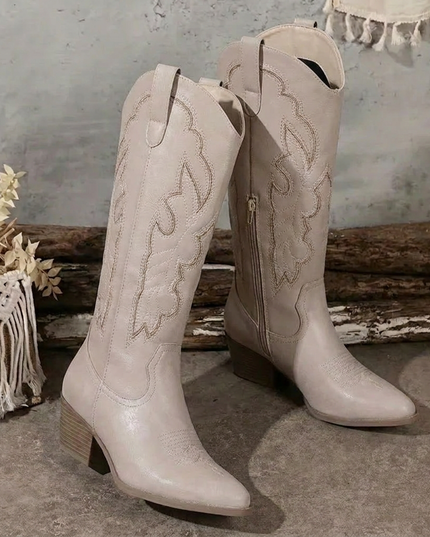 Women's Embroidered Western Knee-High Boots with Block Heel