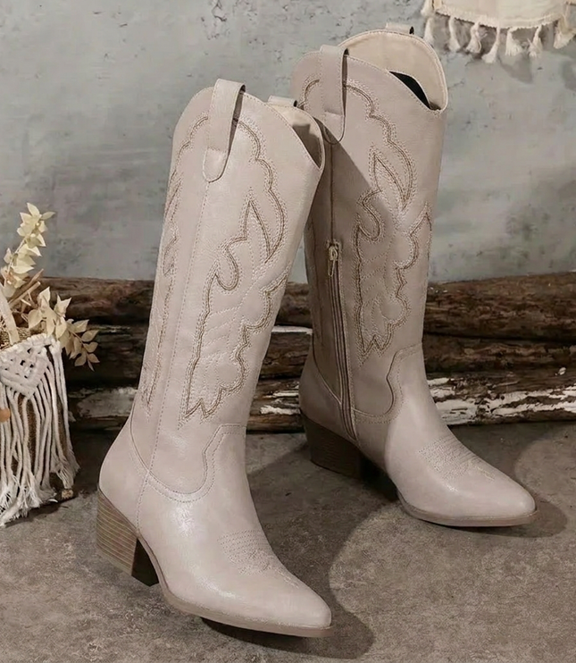 Women's Embroidered Western Knee-High Boots with Block Heel