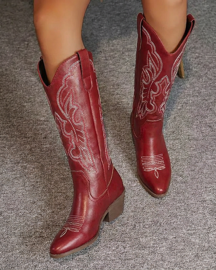 Women's Embroidered Western Knee-High Boots with Block Heel