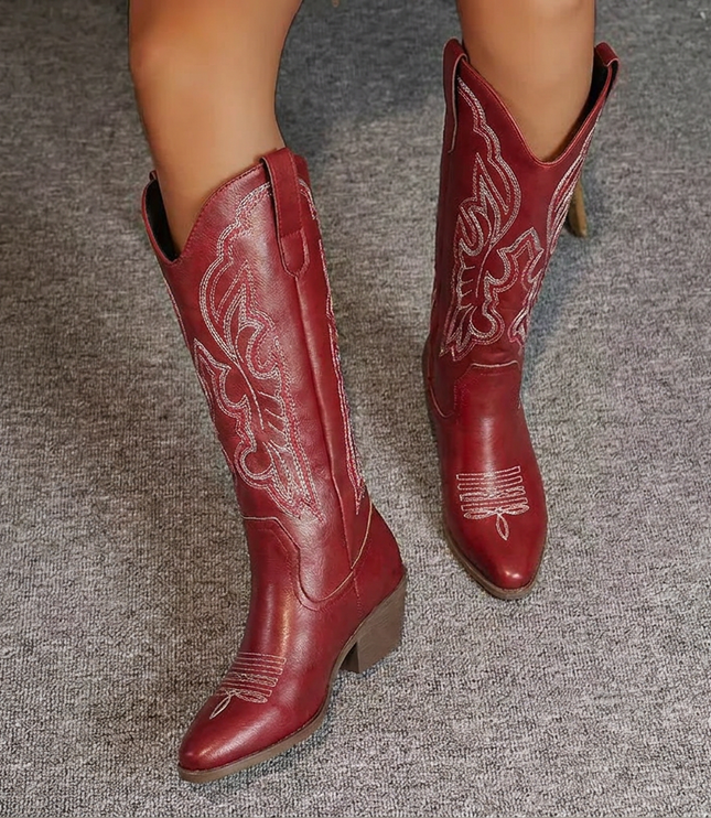 Women's Embroidered Western Knee-High Boots with Block Heel