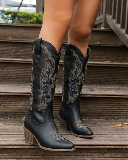 Women's Embroidered Western Knee-High Boots with Block Heel