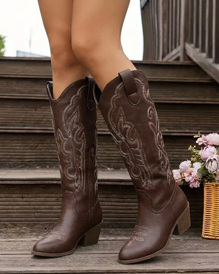 Women's Embroidered Western Knee-High Boots with Block Heel