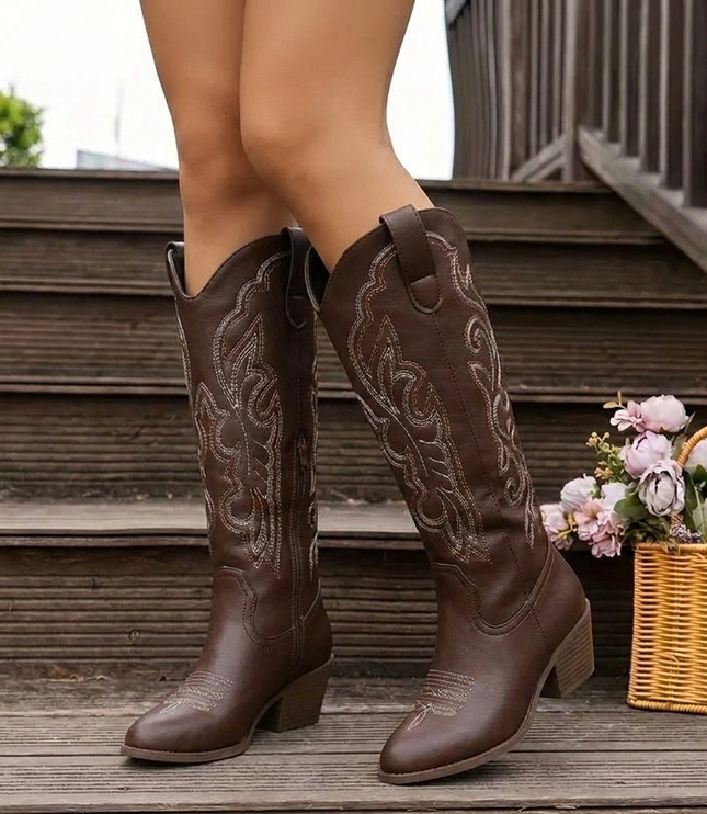 Women's Embroidered Western Knee-High Boots with Block Heel