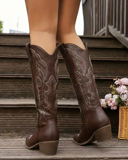 Women's Embroidered Western Knee-High Boots with Block Heel