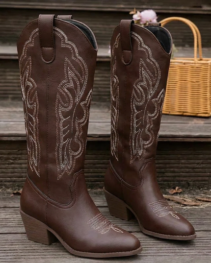 Women's Embroidered Western Knee-High Boots with Block Heel