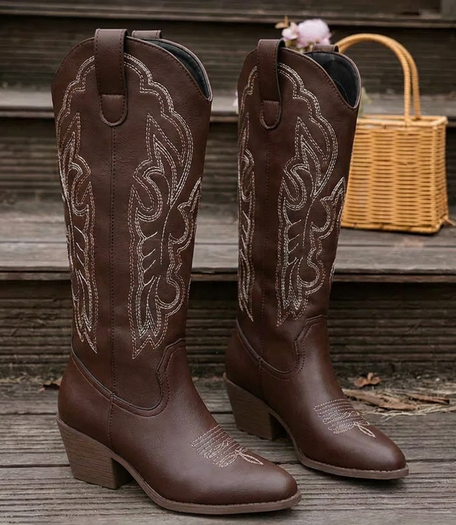 Women's Embroidered Western Knee-High Boots with Block Heel