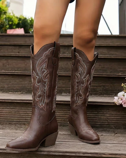 Women's Embroidered Western Knee-High Boots with Block Heel