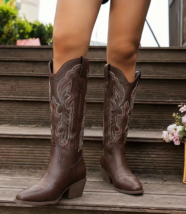 Women's Embroidered Western Knee-High Boots with Block Heel