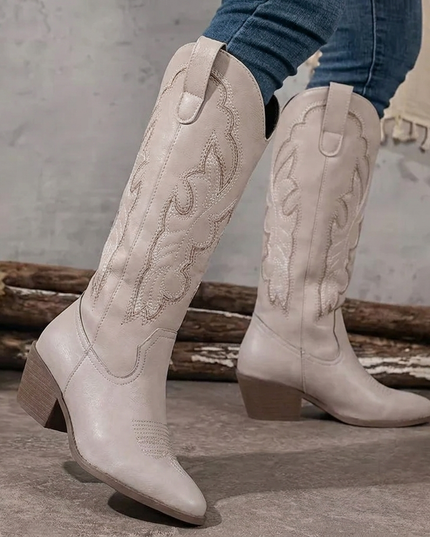 Women's Embroidered Western Knee-High Boots with Block Heel