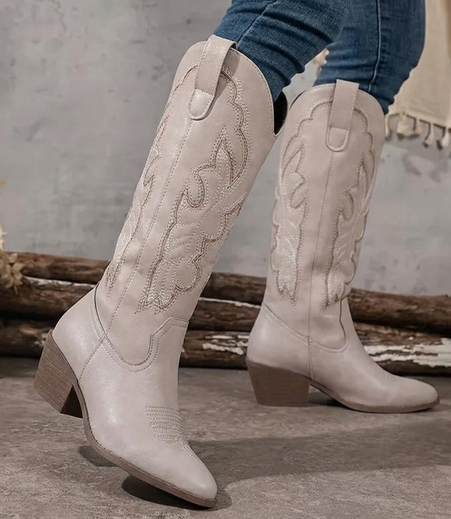 Women's Embroidered Western Knee-High Boots with Block Heel