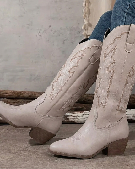 Women's Embroidered Western Knee-High Boots with Block Heel