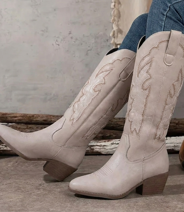 Women's Embroidered Western Knee-High Boots with Block Heel