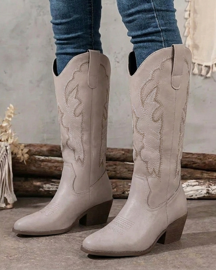 Women's Embroidered Western Knee-High Boots with Block Heel